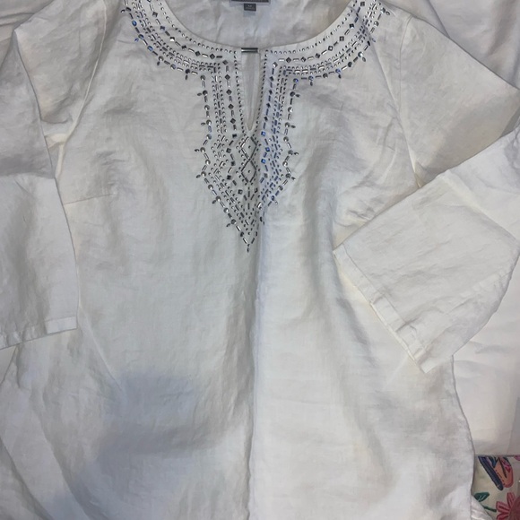 JM Collection Ivory Tunic with Navy Embroidery. 0337 - Picture 1 of 5